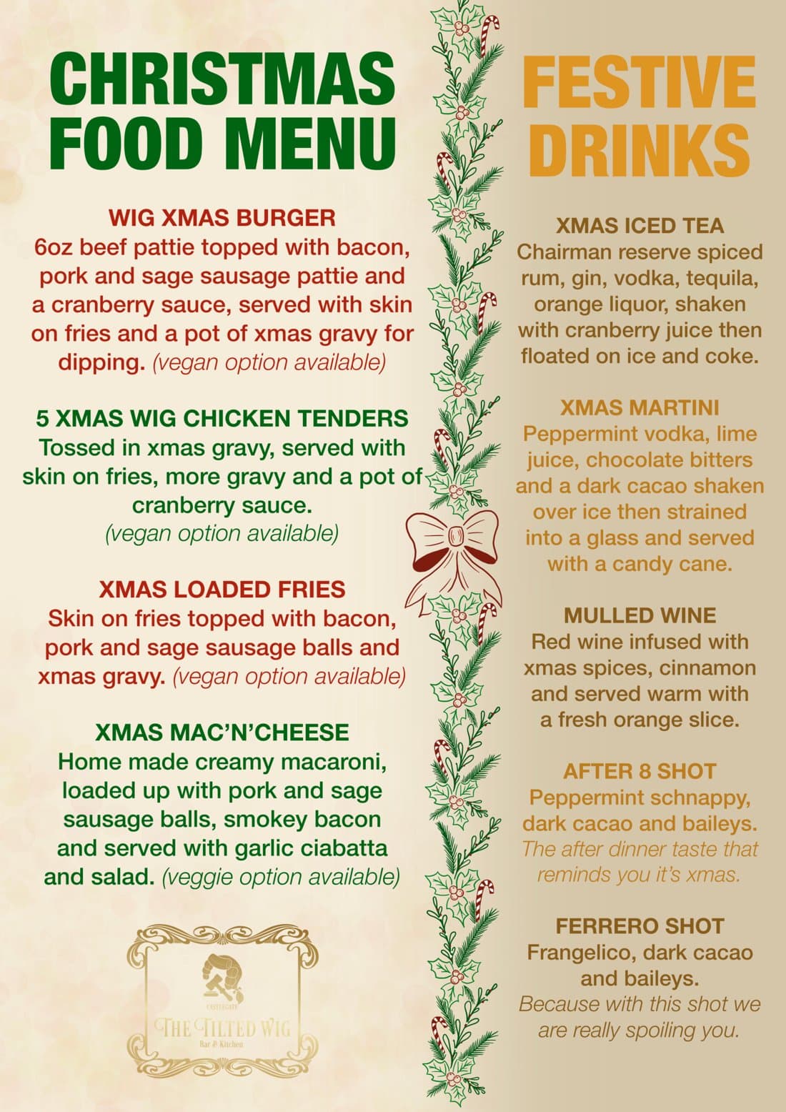 The Tilted Wig Christmas food menu and festive drinks